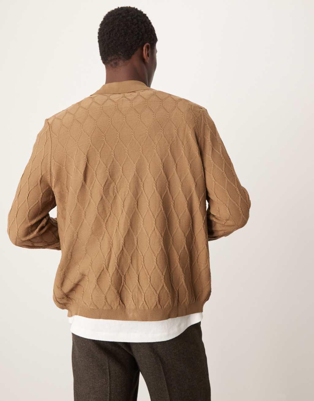 ASOS DESIGN relaxed lightweight knit cardigan with diamond stitching in brown Product Image