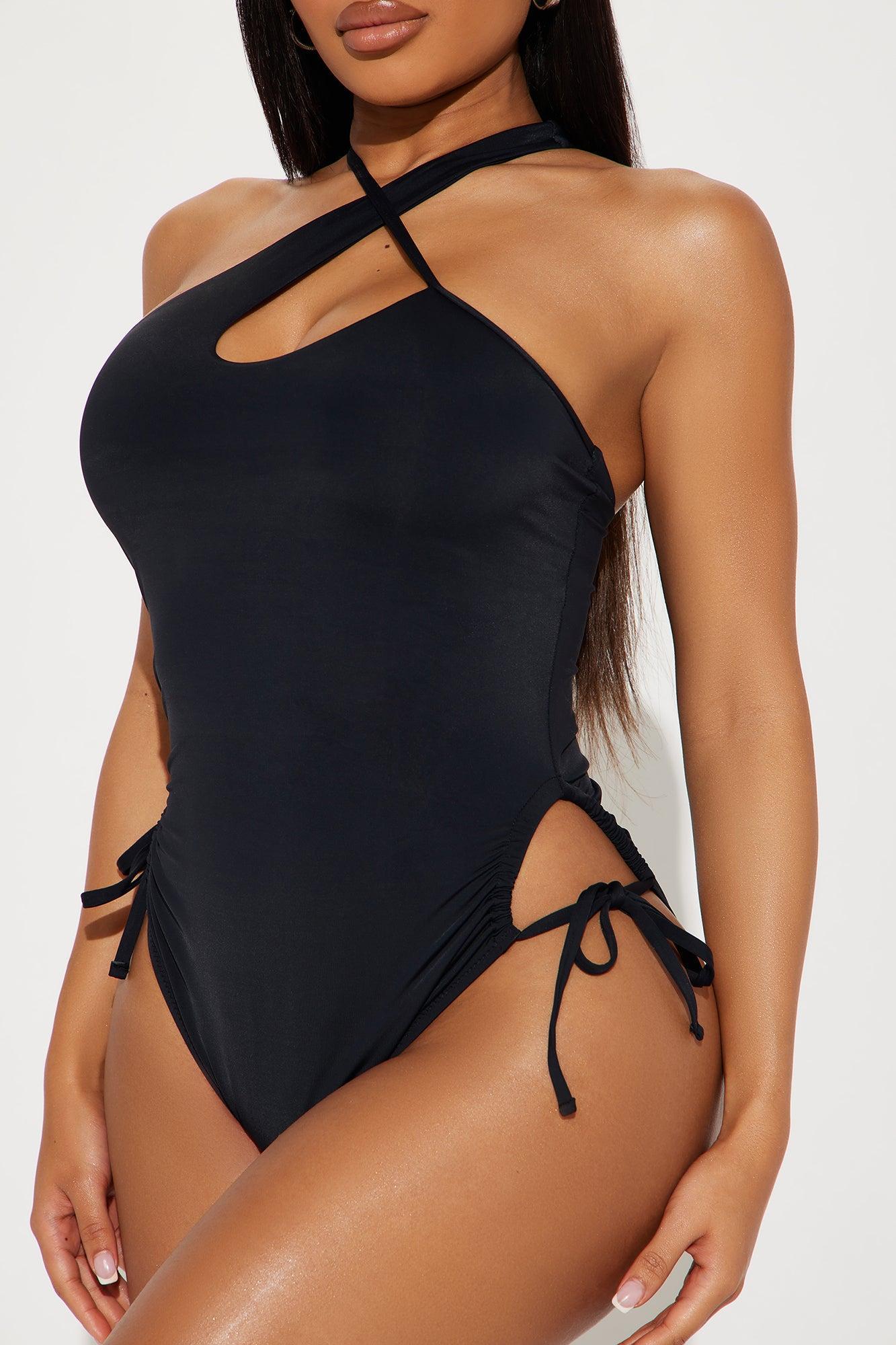 Beachside Coconuts Ruched Asymmetrical 1 Piece Swimsuit - Black Product Image