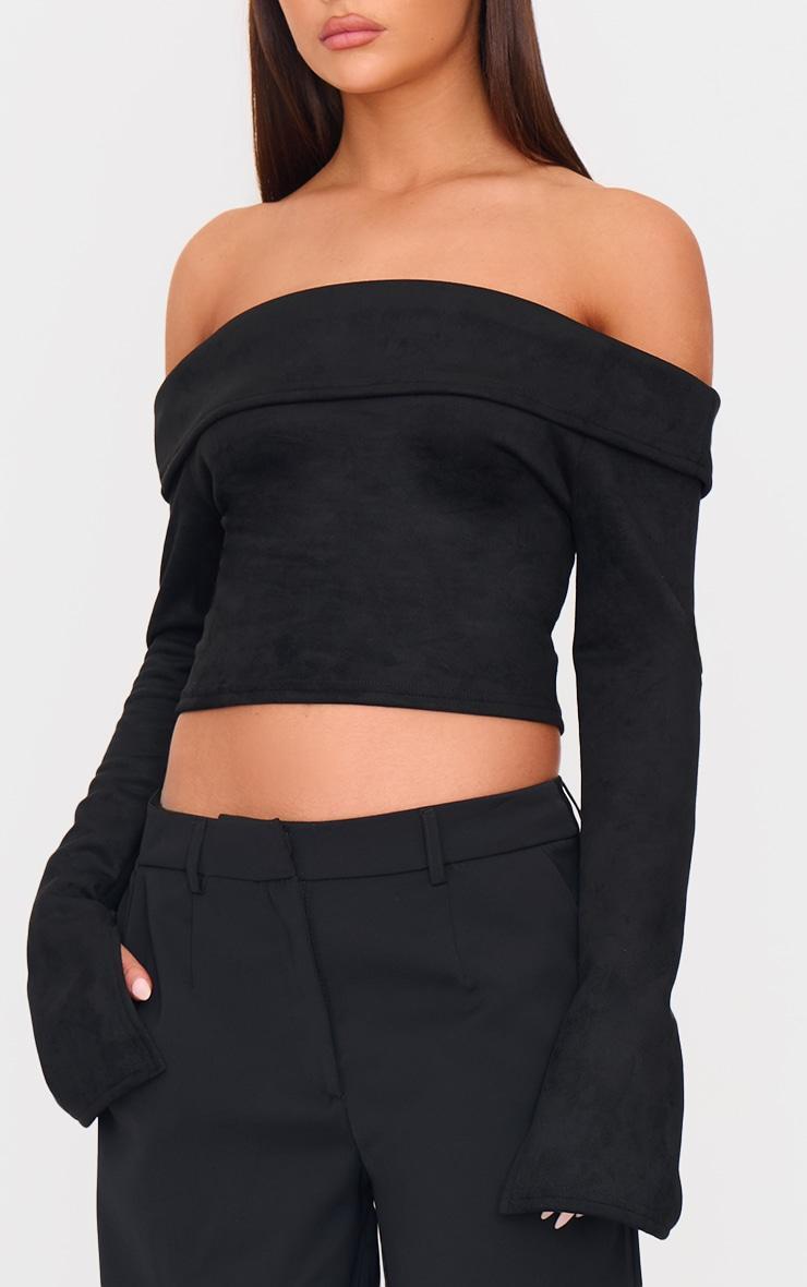 Black Faux Suede Fold Over Bardot Long Sleeve Top Product Image