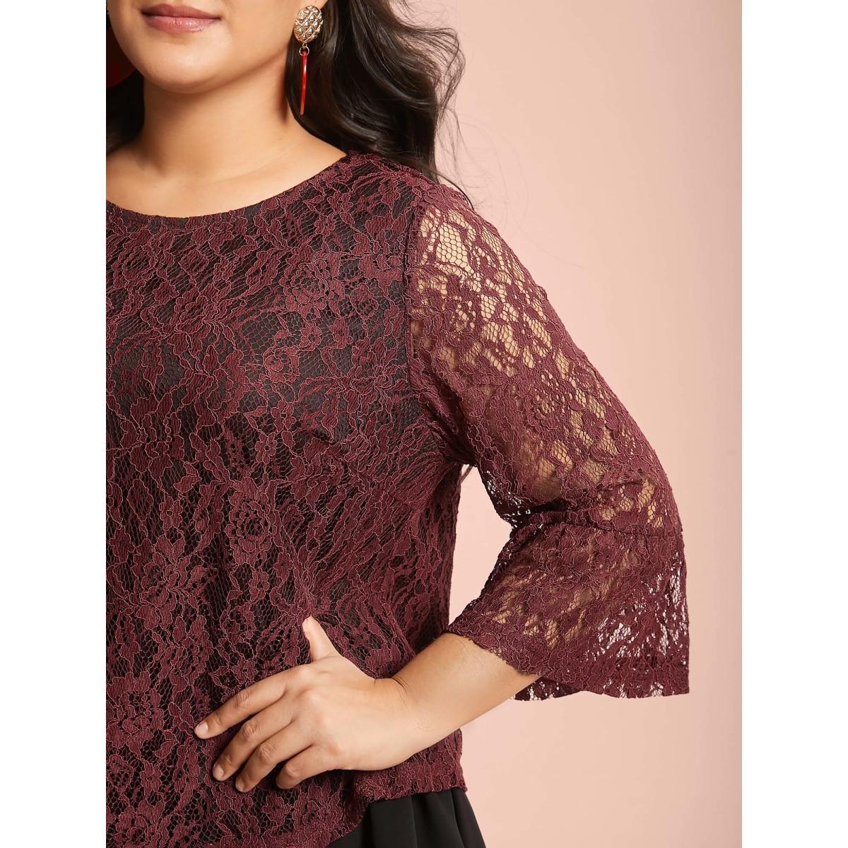 Plus Size Burgundy Round Neck Contrast Lace Ruffled Sleeve Blouse Women Elegant Elbow-length sleeve Round Neck Everyday Blouses BloomChic 12/L Product Image