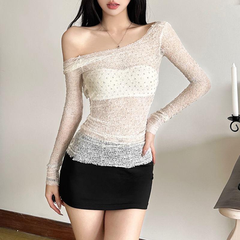 Long Sleeve Plain Glitter Open-Back Slim-Fit Top Product Image