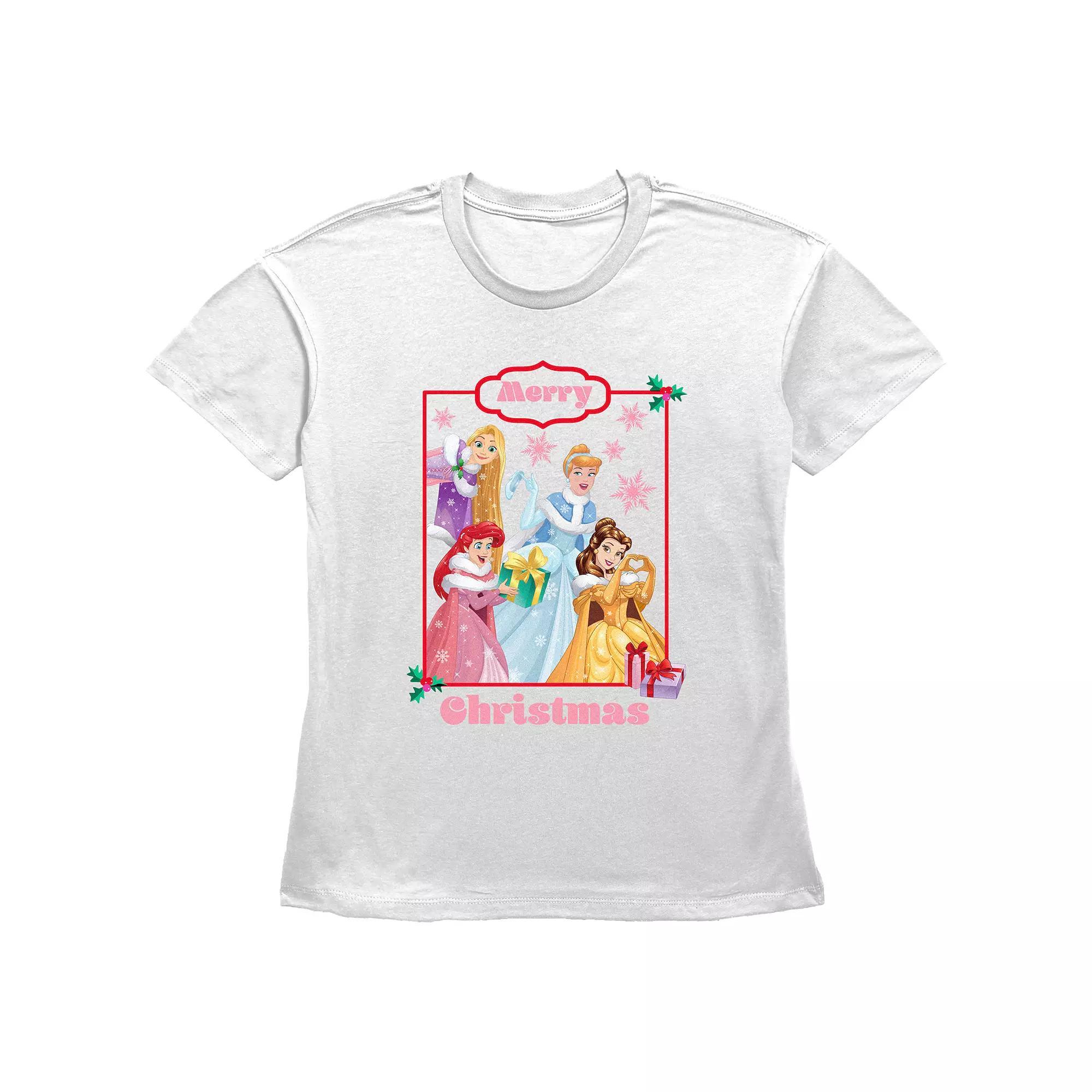 Disney Princess Rapunzel, Cinderella, Ariel & Belle Merry Christmas Women's Graphic Tee,  Product Image