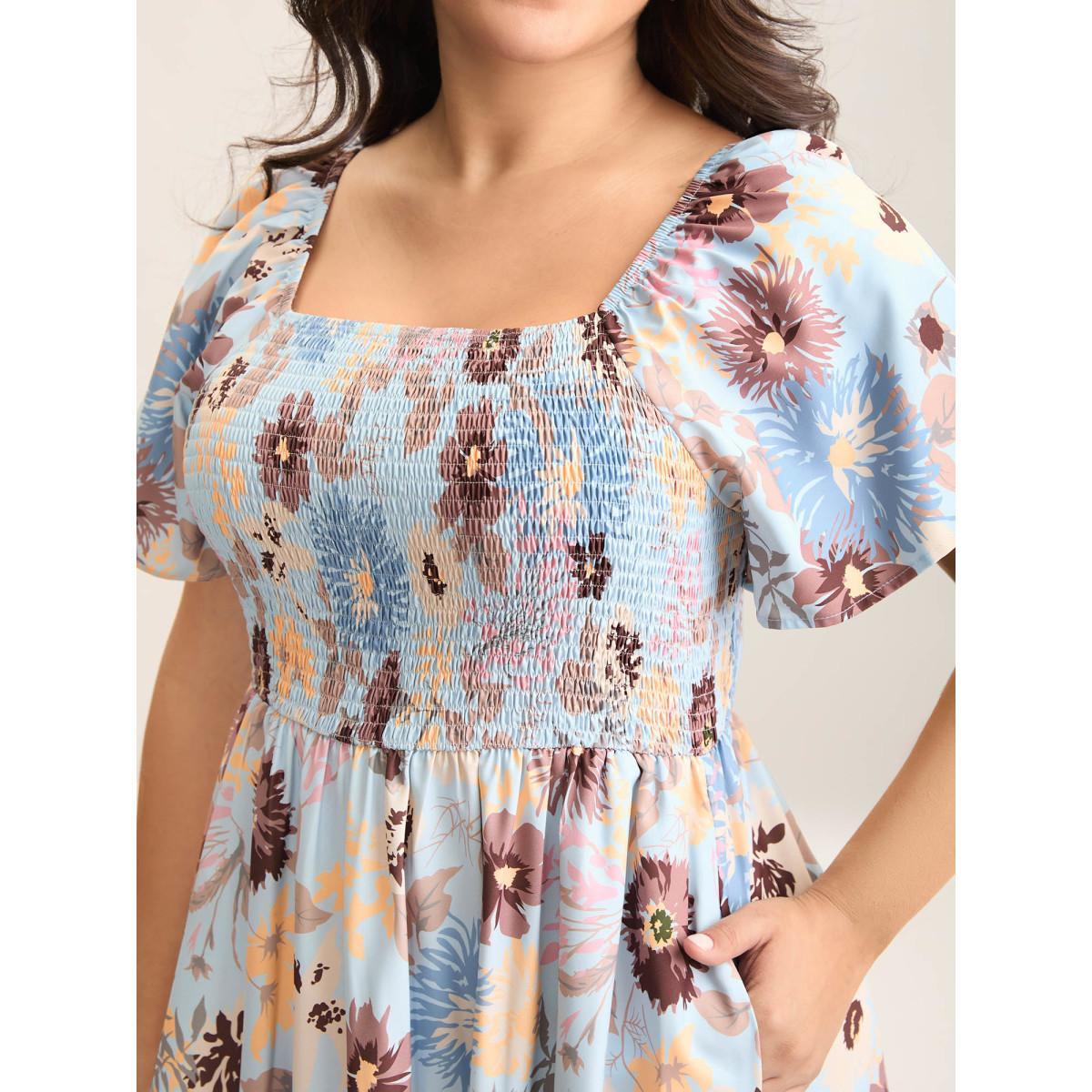 Plus Size Floral Shirred Square Neck Pocket Midi Dress Skyblue Women Elegant Non Square Neck Short sleeve Curvy Midi Dress BloomChic 30/6X Product Image