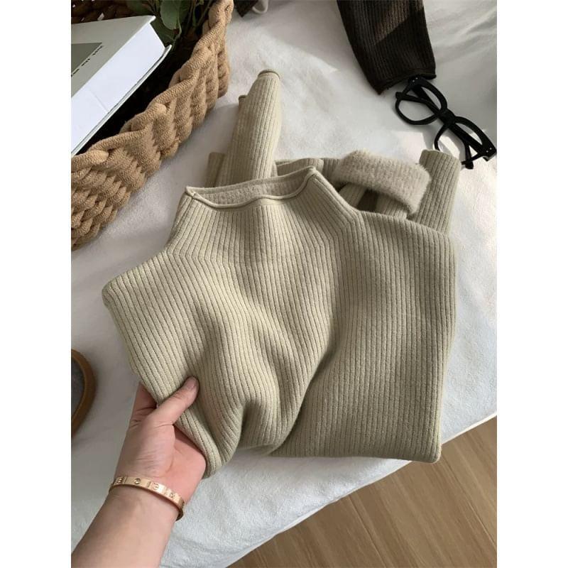 Long-Sleeve Mock Neck Plain Ribbed Knit Top Product Image