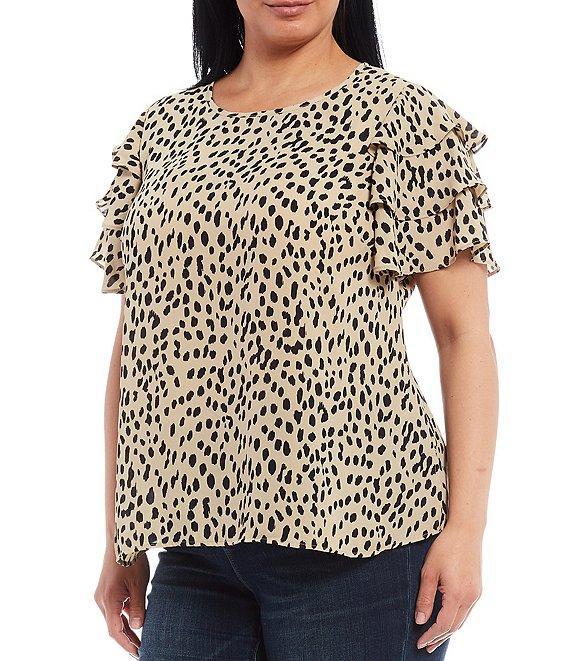 Vince Camuto Plus Size Round Neck Tiered Short Sleeve Leopard Print Blouse Product Image