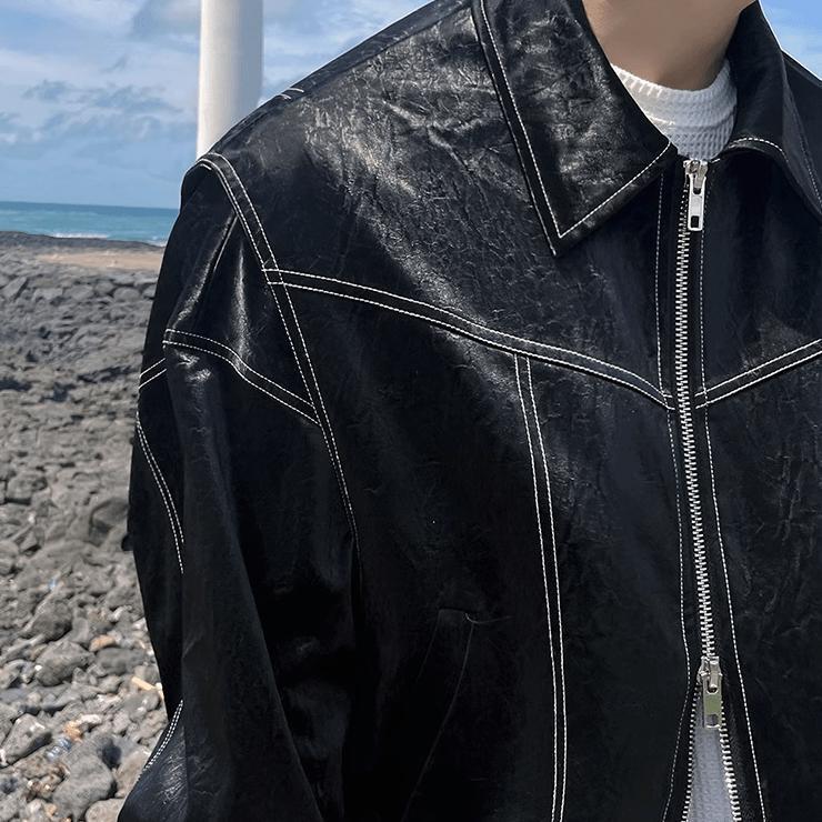 RT No. 9416 BLACK STITCHED ZIP-UP LEATHER JK Product Image