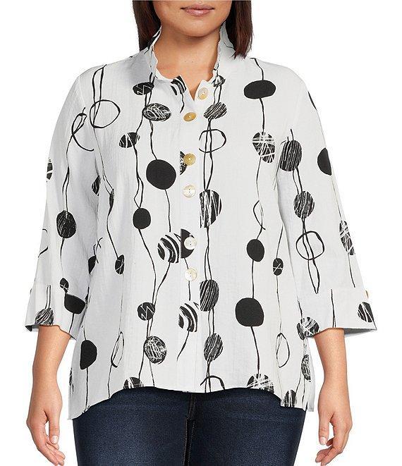 Ali Miles Plus Size Printed Woven Crinkle Wire Collar 3/4 Sleeve Button Front Tunic Product Image