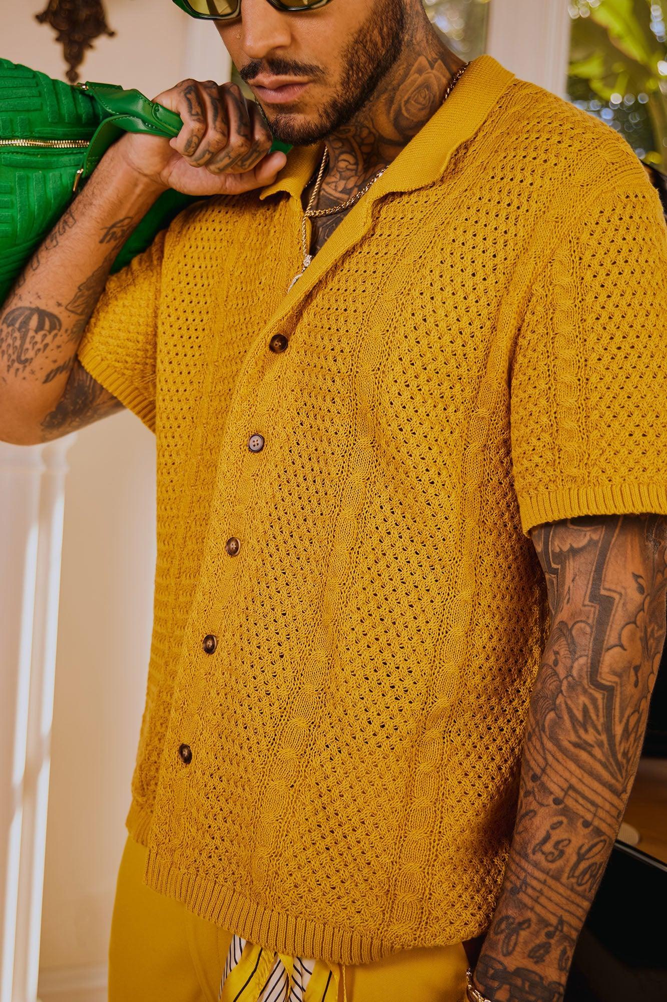 Unwind Cable Knit Short Sleeve Button Up - Mustard Product Image