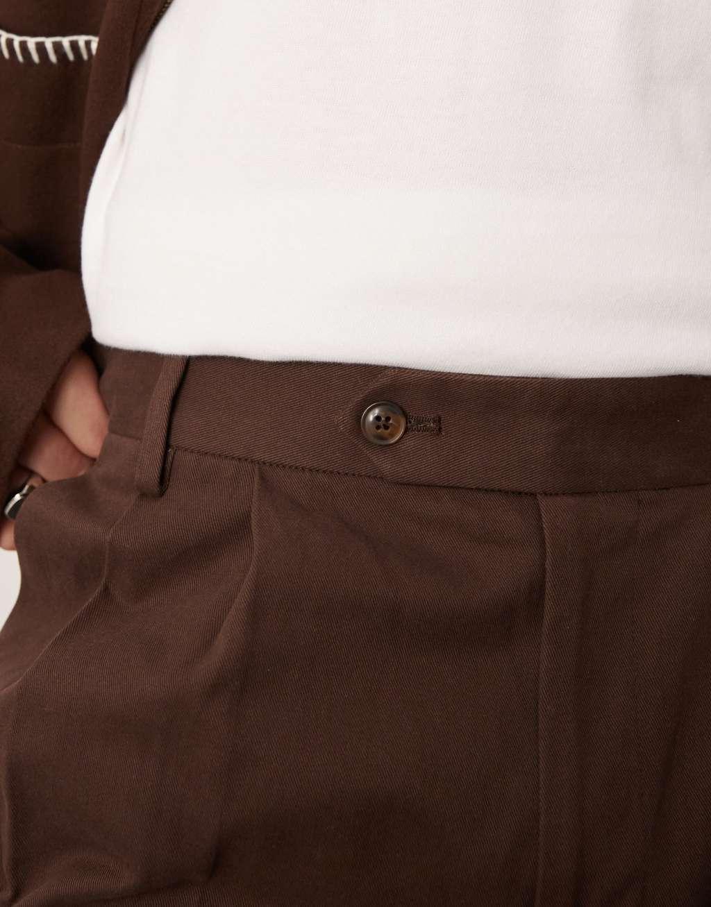 ASOS DESIGN smart tapered cotton chino pants with front pleats in brown Product Image