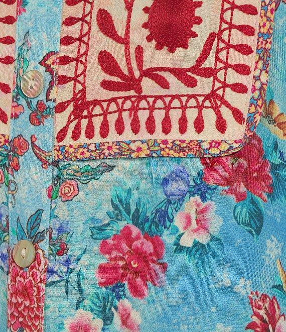 John Mark Plus Size Embroidered Multi Print Point Collar Long Roll-Tab Sleeve Button Front Top Product Image