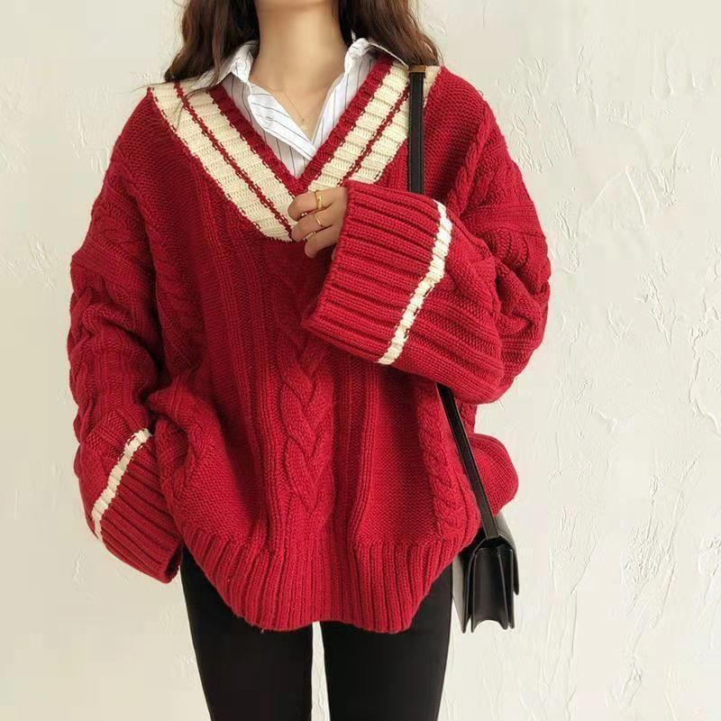 V-Neck Two Tone Cable Knit Sweater Product Image