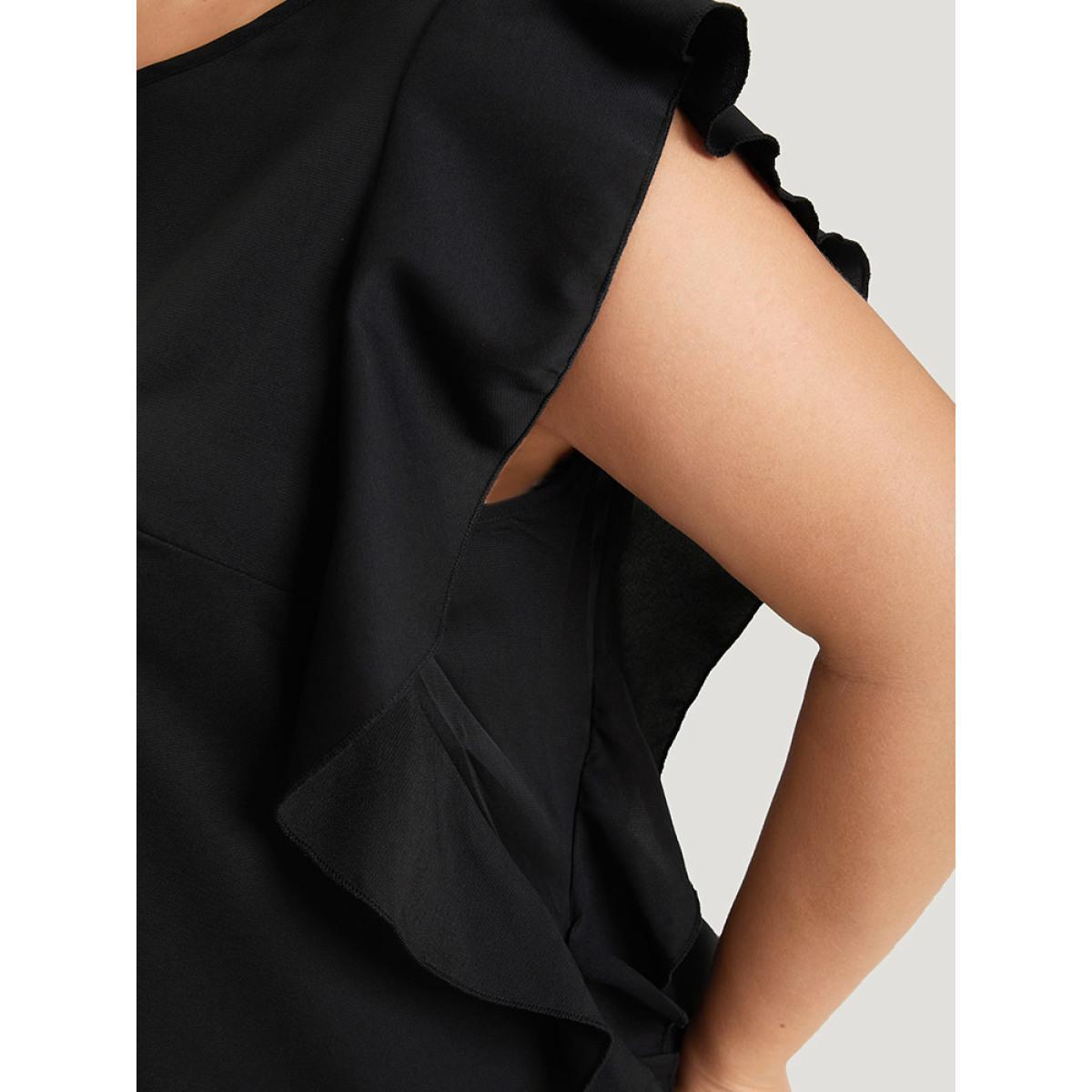 Plus Size Black Solid Crew Neck Ruffle Trim Blouse Women Office Cap Sleeve Round Neck Work Blouses BloomChic 26/4X Product Image