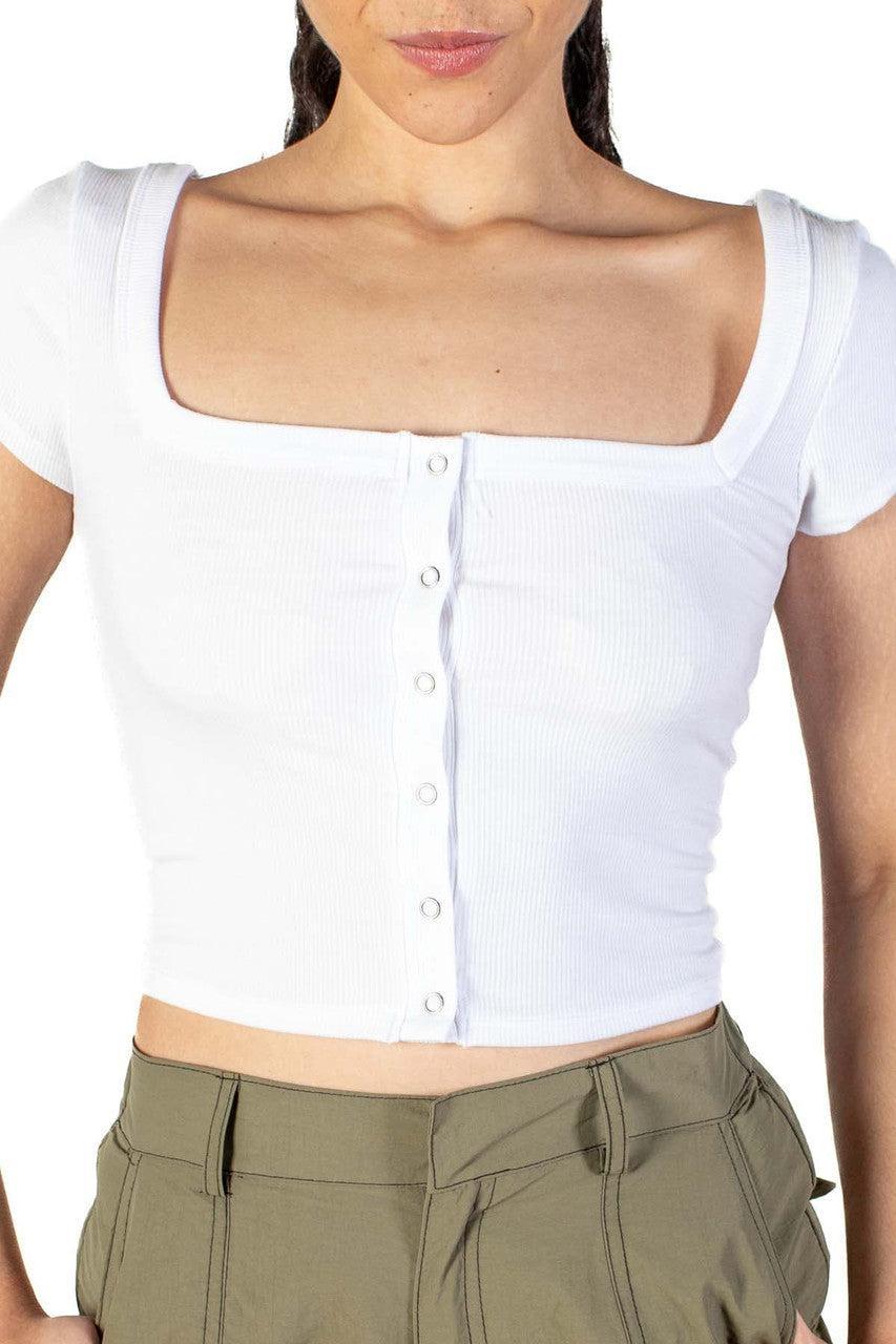 White Square Neck Button Front Crop Tee Product Image