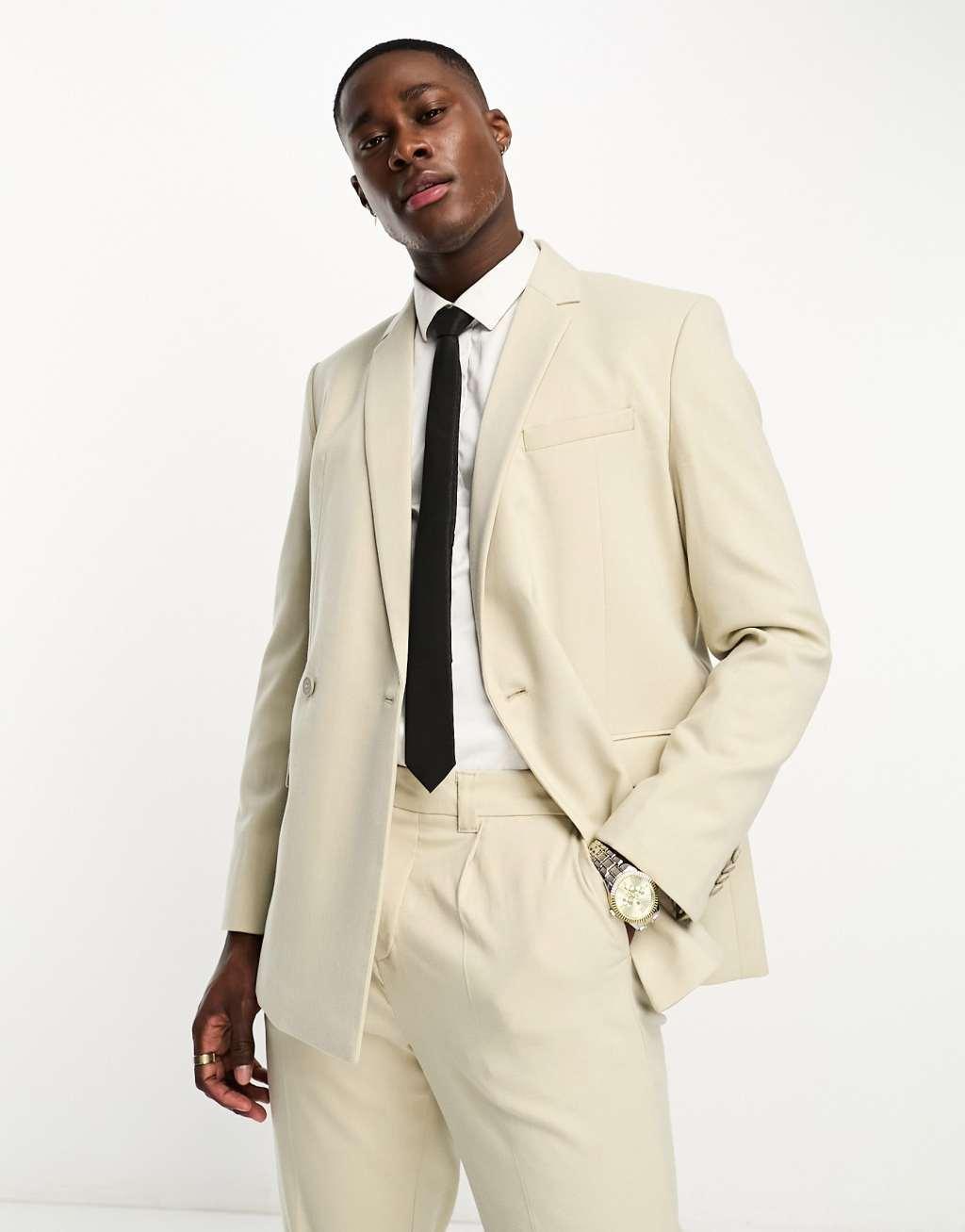 New Look double breasted slim suit jacket in oatmeal  Product Image