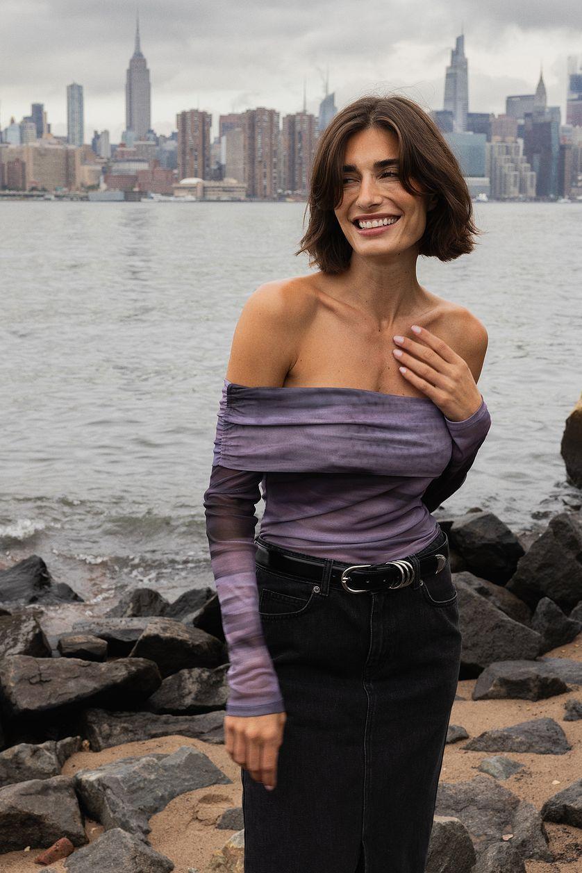 Off Shoulder Mesh Top Purple Product Image