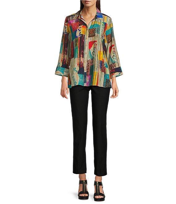 Ali Miles Woven Abstract Multi Print Point Collar 3/4 Cuff Sleeve Button Front Tunic Product Image