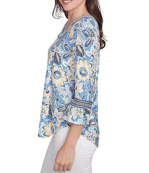 Ruby Rd. Knit Bohemian Floral Print Contrast Horseshoe Neck 3/4 Ruffle Sleeve Top Product Image