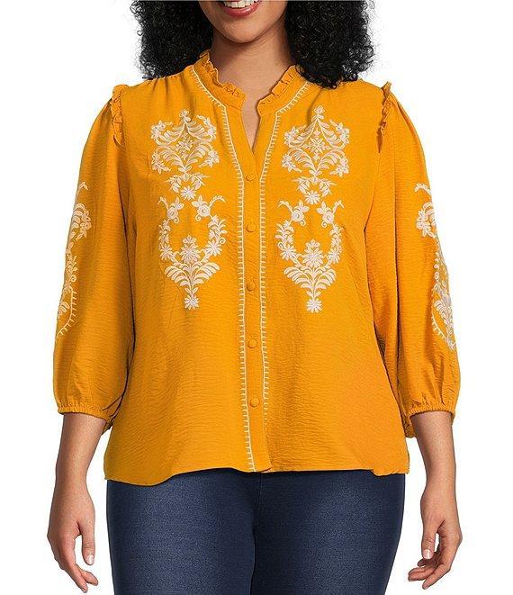 Calessa Plus Size Embroidered Placement Print Ruffle Split V-Neck 3/4 Sleeve Button Front Tunic Product Image
