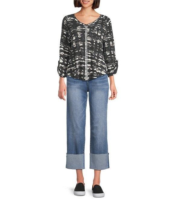Westbound Petite Size Knit Black and White Watercolor Plaid 3/4 Bell Sleeve V-Neck Top Product Image