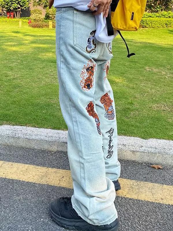 Men's Embroidered Print Loose Jeans Product Image