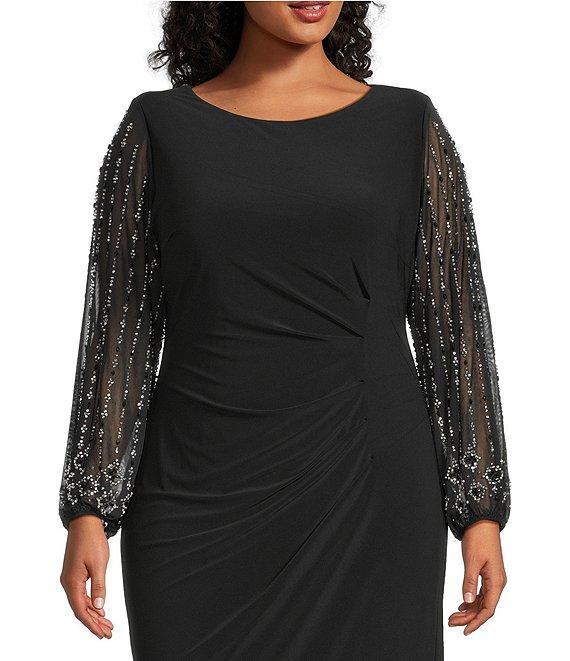 Marina Plus Size Boat Neck Long Beaded Sleeve Elastic Cuff Back Slit Matte Jersey Gown Product Image