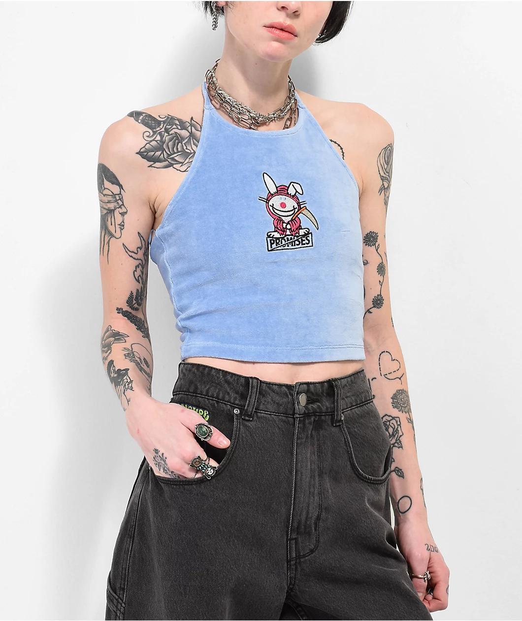 Broken Promises x Happy Bunny Reaper Bunny Blue Fuzzy Crop Tank Top Product Image