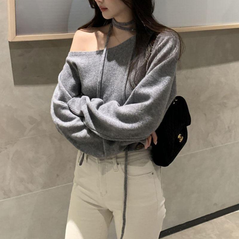 One Shoulder Plain Sweater Product Image