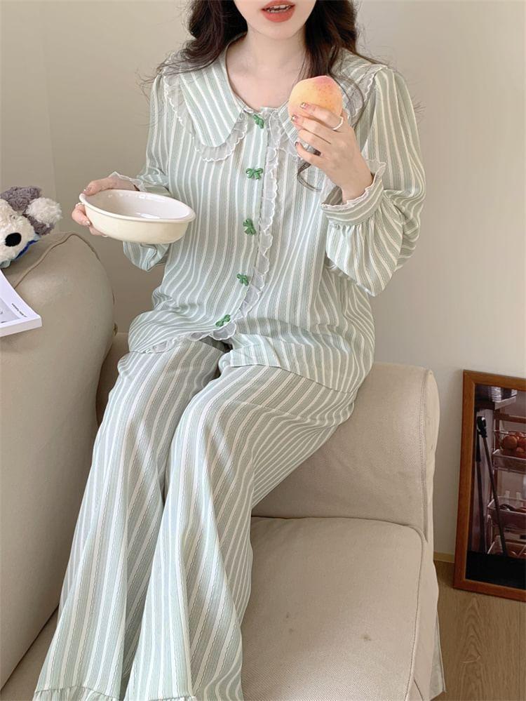 Pajama Set: Puff-Sleeve Striped Lace Trim Shirt + Pants Product Image