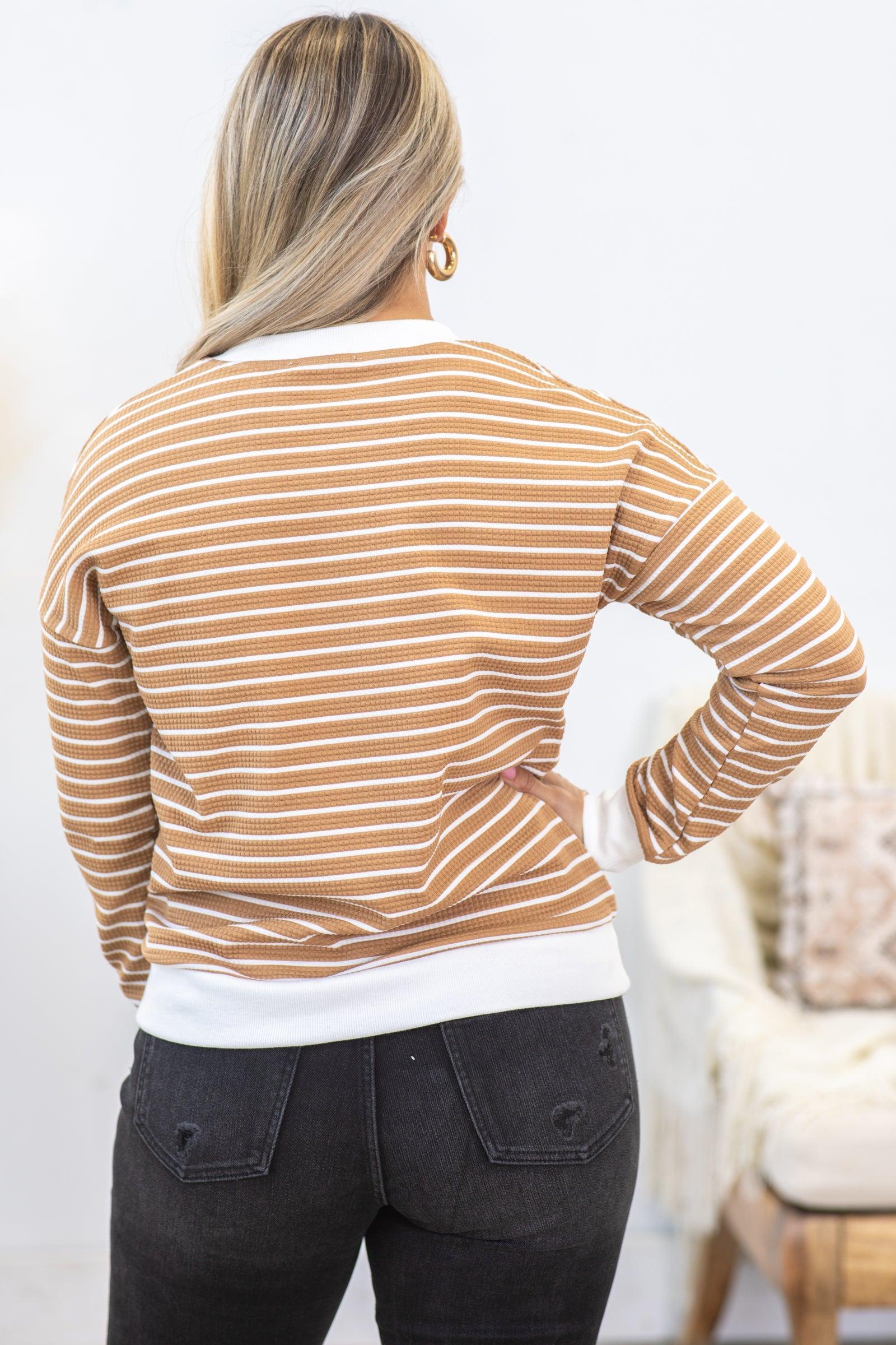 Mocha Crewneck Stripe Pullover Knit Top Product Image