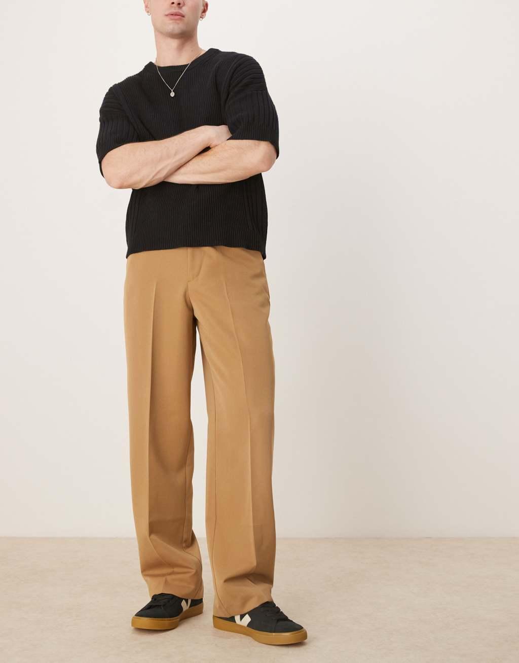 ASOS DESIGN smart wide leg pants with carpenter pocket in camel Product Image