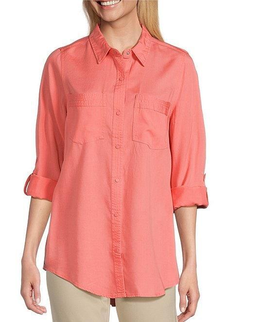 Intro Petite Size Roll-Tab Sleeve Button Front Slub Lyocell Shirt Product Image