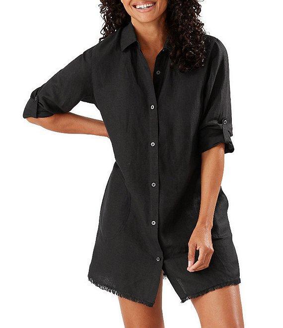 Tommy Bahama St. Lucia Point Collar Short Roll-Tab Sleeve Fray Hem Button Front Boyfriend Swim Cover Up Product Image