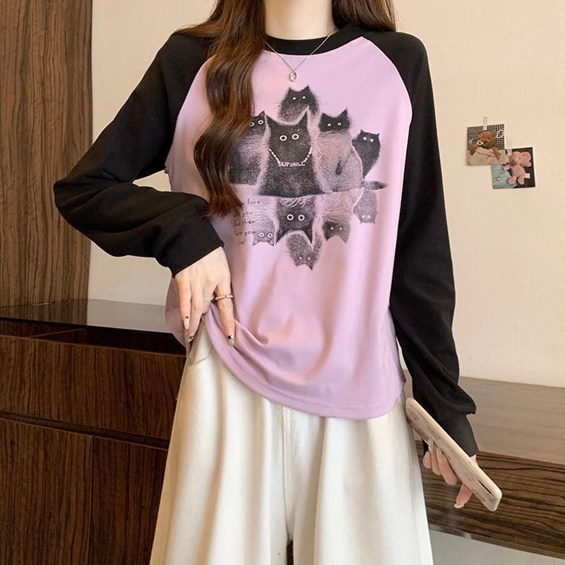 Long-Sleeve Round Neck Cat Print Raglan T-Shirt Product Image