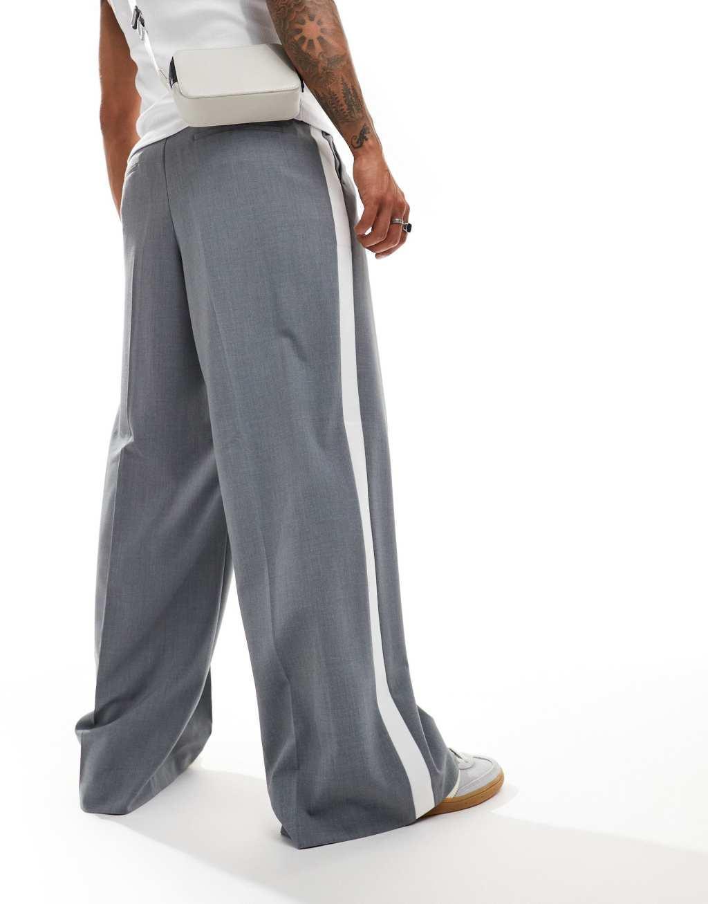 ASOS DESIGN pull on smart loose leg pants with cut and sew side stripe in gray Product Image