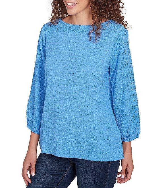 Ruby Rd. Textured Eyelet Trim Boat Neck Bracelet Length Sleeve Knit Top Product Image