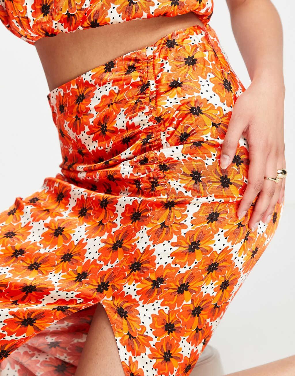 Topshop ruched split front poppy print midi skirt in red - part of a set Product Image