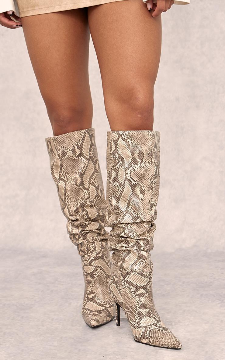 Snake Print PU Point Toe Ruched Stiletto Heeled Knee Boots Product Image