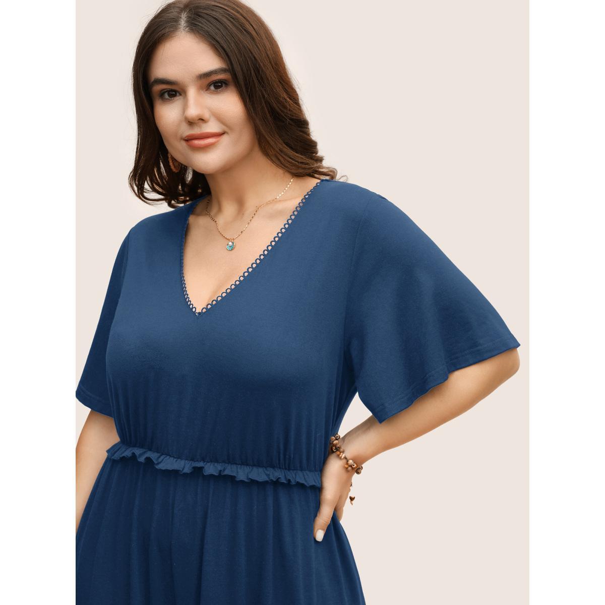 Plus Size Mediumblue V Neck Lace Panel Frill Trim Jumpsuit Women Resort Short sleeve V-neck Vacation Loose Jumpsuits BloomChic 22-24/3X Product Image