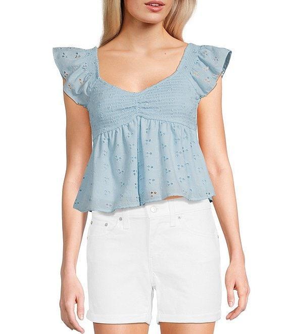 Honey & Sparkle Eyelet Printed Chiffon Smocked Butterfly Sleeve Babydoll Top Product Image