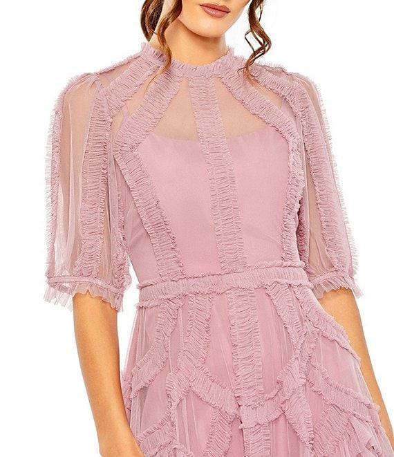 Mac Duggal Mock Neck Short Sleeve Tiered Ruffled Pleated Embellished A-Line Midi Dress Product Image
