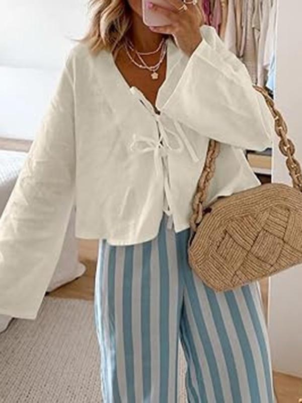 Lace-Up Solid Color V-Neck Blouses&Shirts Tops Product Image