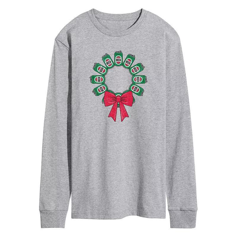 Men's Beer Christmas Wreath Long Sleeve Graphic Tee, Size: Small, Grey Gray Product Image