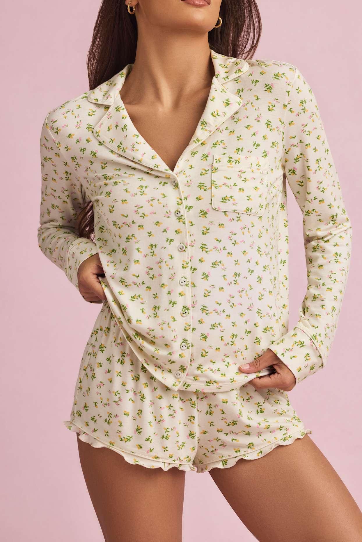 Modal Ruffle-Trim Pyjama Shorts in Lemon Print Product Image