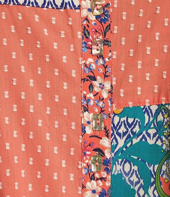 John Mark Clip Dot Embroidered Mix Print Dolman Sleeve Button Front Shirt Product Image