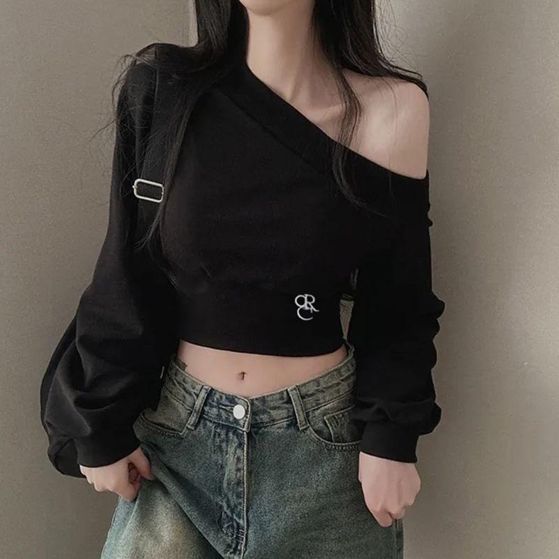 Puff Sleeve Cold-Shoulder Plain Crop Sweatshirt Product Image