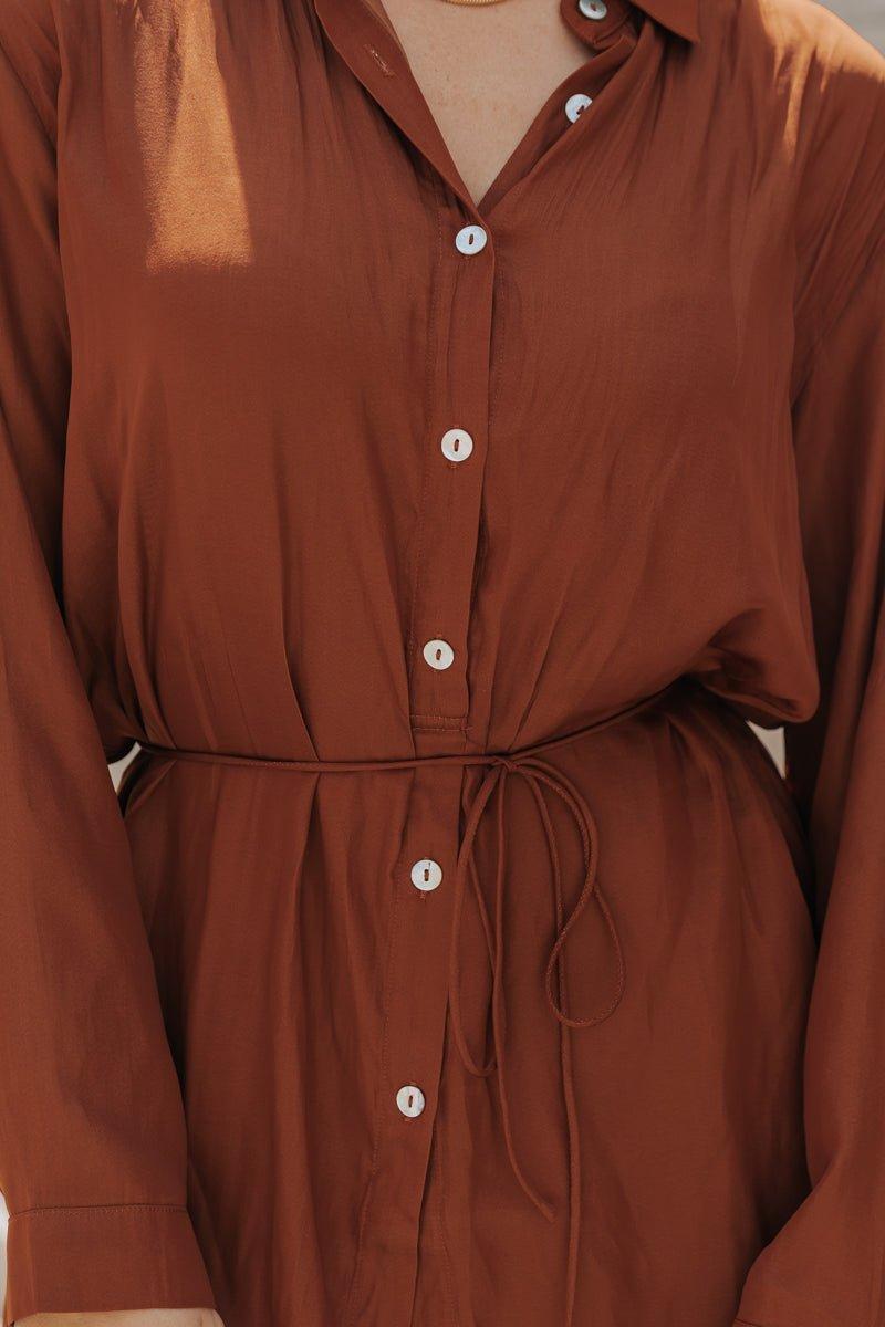 Belted Button Down Satin Romper - Brown - FINAL SALE Product Image