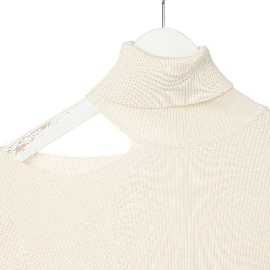 Off-Shoulder Turtleneck Plain Knit Top Product Image