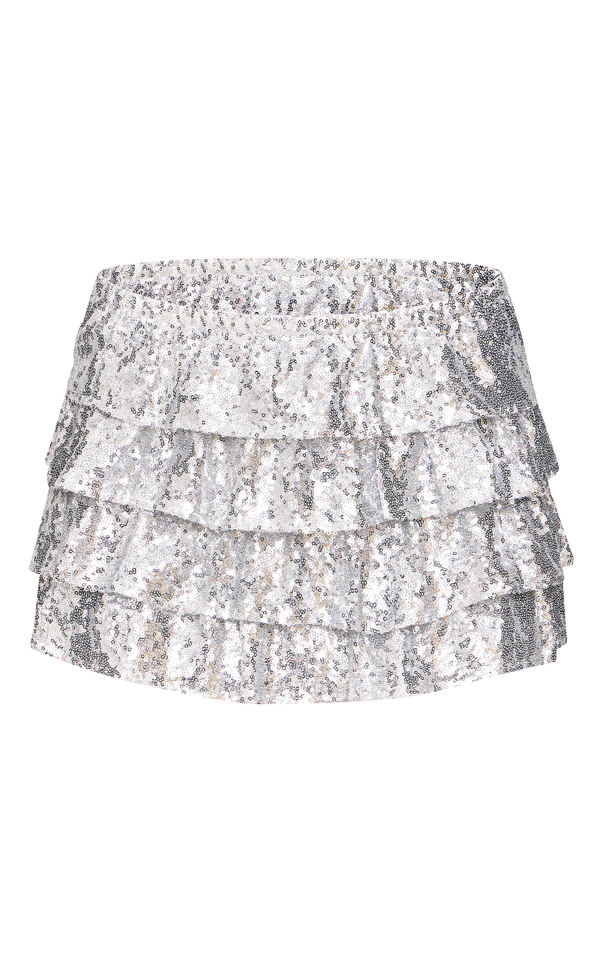 Silver Sequin Frilly Tiered Mini Skirt Product Image