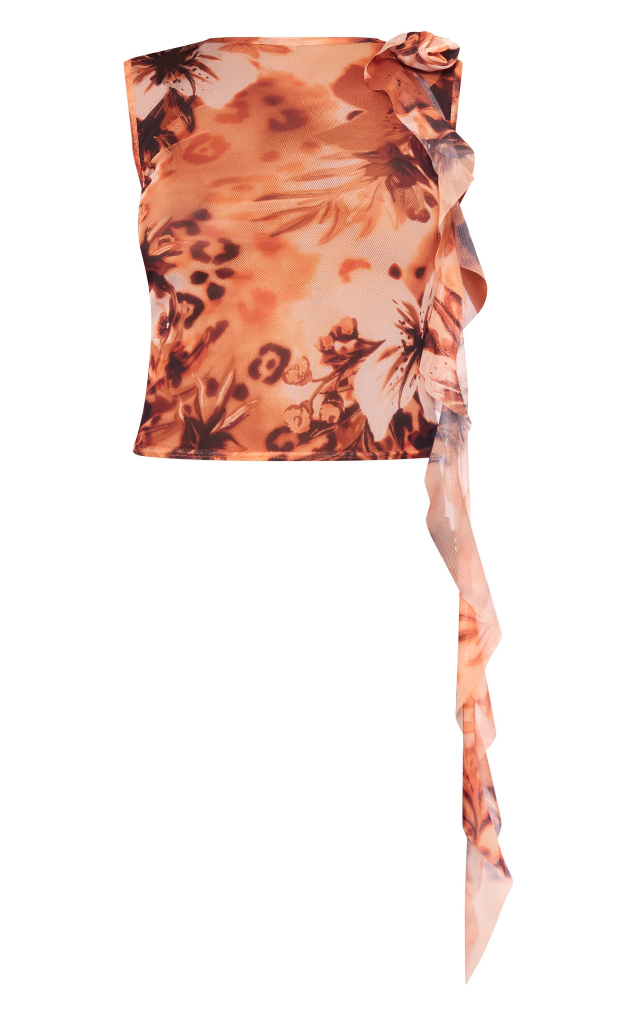 Brown Printed Mesh Floral Shoulder Long Top Product Image