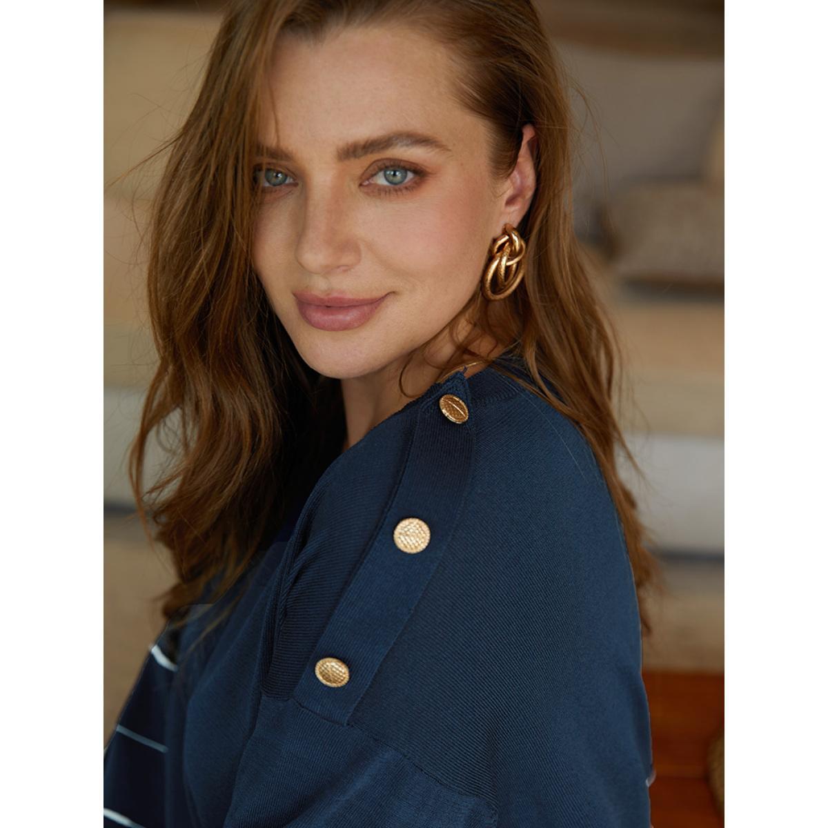 Plus Size Striped Metal Button Detail Elastic Cuffs Pullover Navy Women Casual Loose Long Sleeve Round Neck Everyday Pullovers BloomChic 12/L Product Image